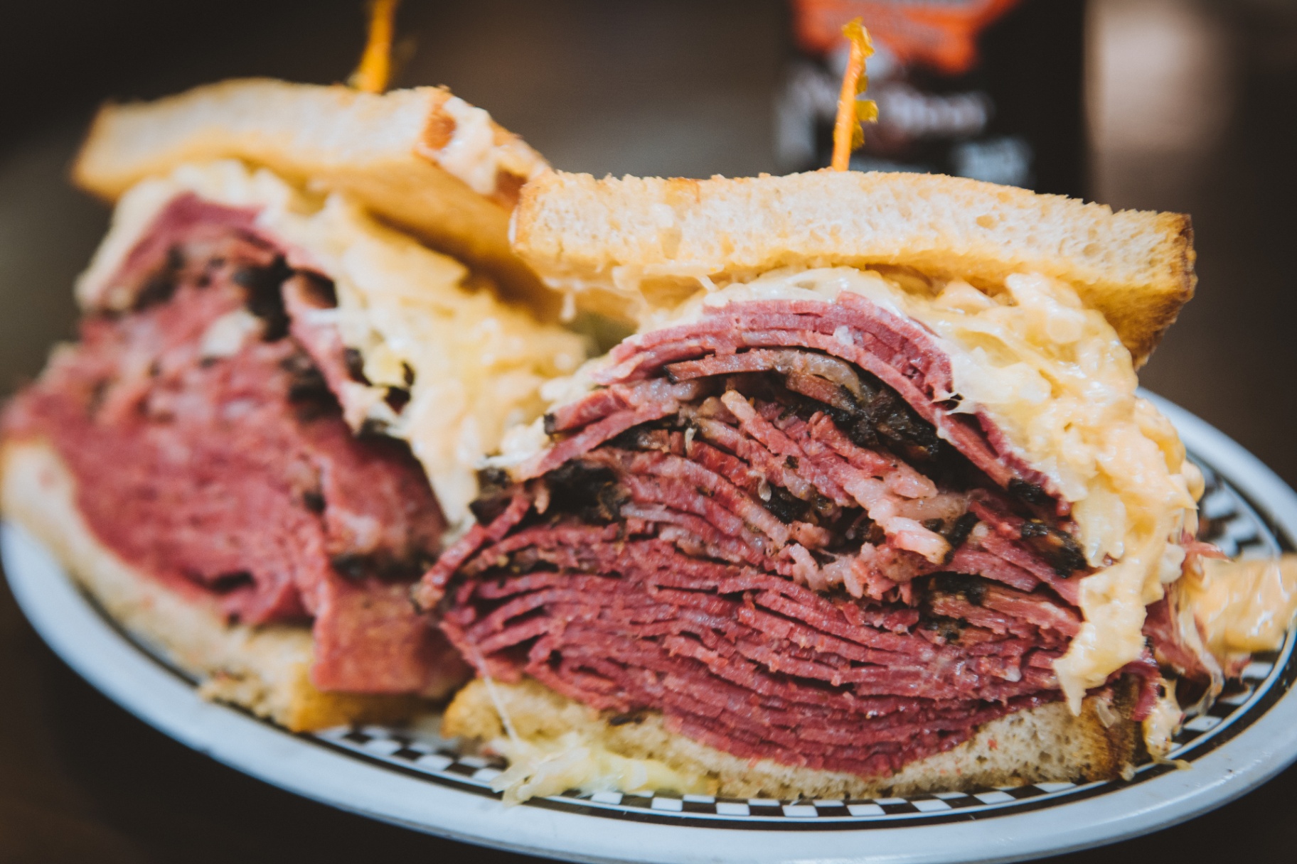 Overstuffed pastrami sandwich on rye